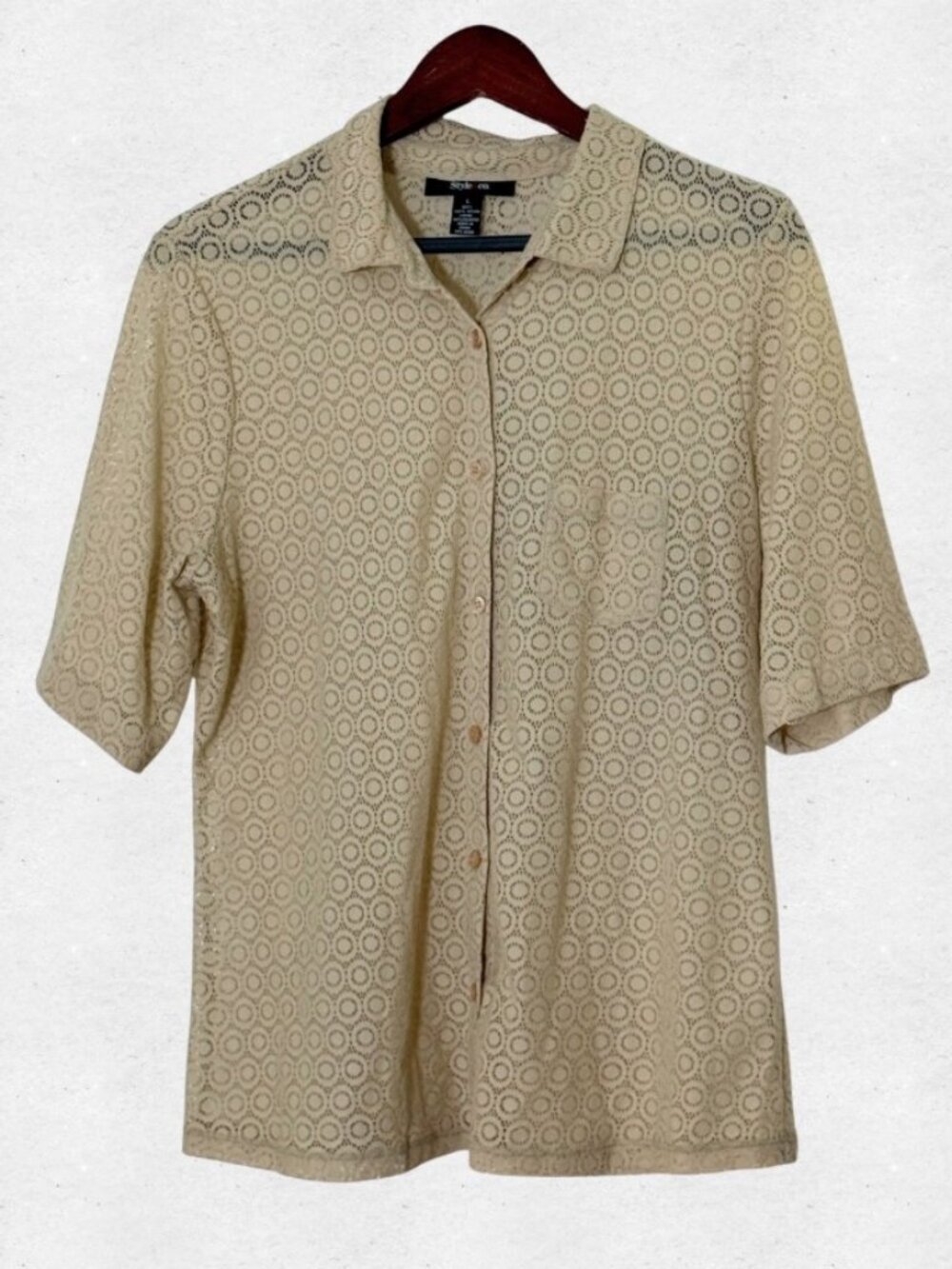Beige Lace Short Sleeve Collared Button Down Top Large Vacation Beach Tan Shirt